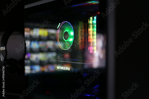 Shawnee,Kansas/Usa - 01 Ene 2021: Latest Nvidia Geforce RTX 3080 Graphics card and AMD Processor for Gaming PC'S Colorful RGB LED Tech