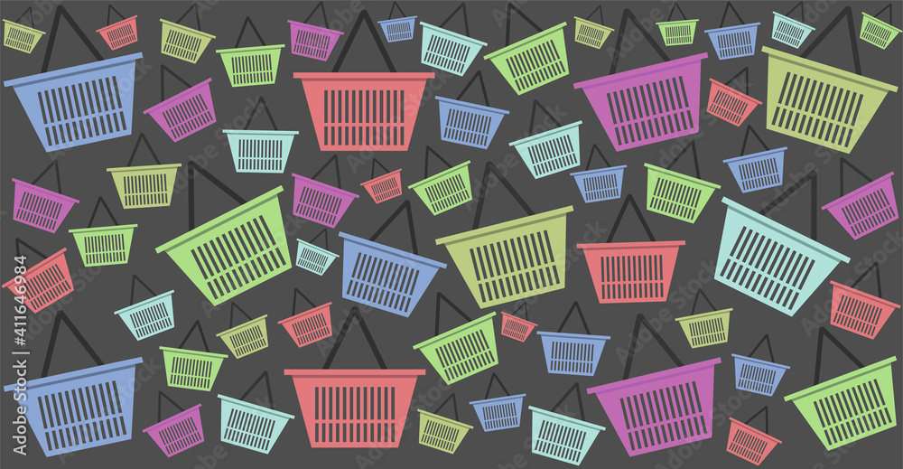 Endless seamless pattern of supermarket baskets. Shopping carts of different colors and sizes, isolated on gray background.