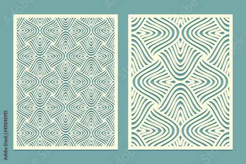 Die and laser cut screen panels with waves pattern. Laser cutting decorative lace borders patterns. Set of Wedding Invitation or greeting card templates.