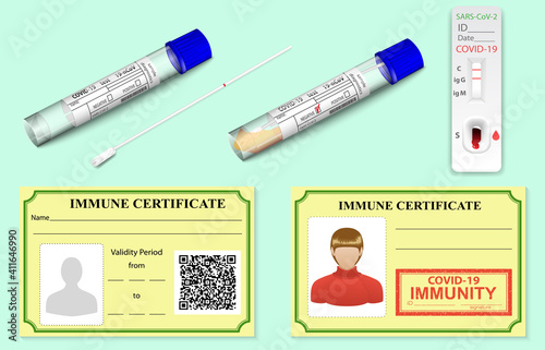 Design Immune certificate form of card, rapid test tube antibodies coronavirus. Covid vaccination cards. Worker ID person is immune to virus SARS disease. Risk free badge COVID19.