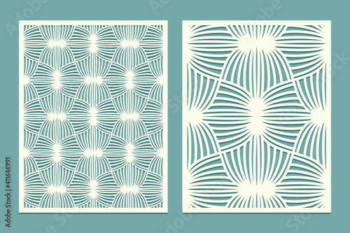 Die and laser cut screen panels with doodling pattern. Laser cutting decorative geometric linear borders ornament. Set of Wedding Invitation or greeting card templates.
