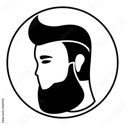 A bearded man with shaved temples. Vector head of hipster, lumberjack, hairdresser in black and white colors. Monochrome logo for a barbershop.