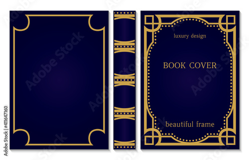 Book cover and spine design sample of template. Vintage frames. Art Deco Brochure design. Geometric pattern. Volume cover.
