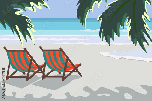 Landscape tropical coast sea shore with palms and two sun loungers sunny day wave sand sky sea vacation exotic cartoon Flat Vector illustration Seascape.