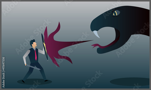 
vector illustration of business man fighting a large black snake, fighting fear concept