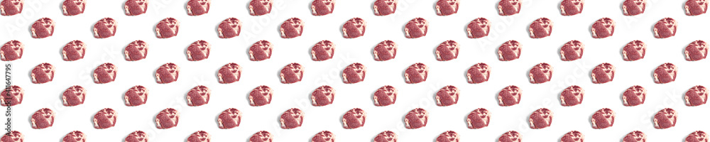 background with raw pork meat slices on white background, raw food background, not pattern, banner wide shoot