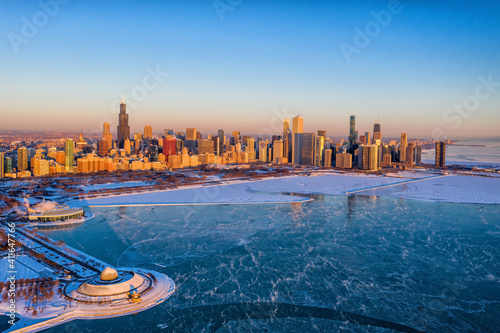Aerial View of Chicago at Sunrise During Polar Vortex