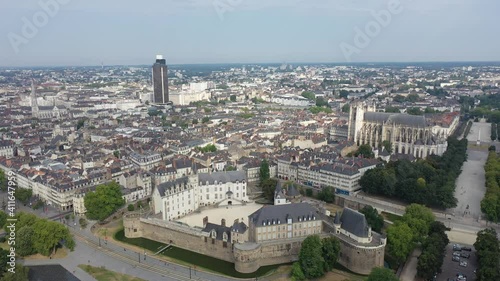 Picturesque view from drone of modern and historical districts of Nantes in summer, Loire-Atlantique, France