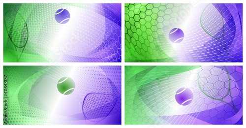 Set of four abstract backgrounds with ball and racket in colors of Grand Slam tournament, the Championships Wimbledon