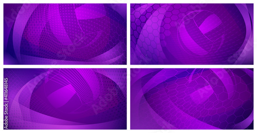 Set of four volleyball backgrounds with big ball in purple colors