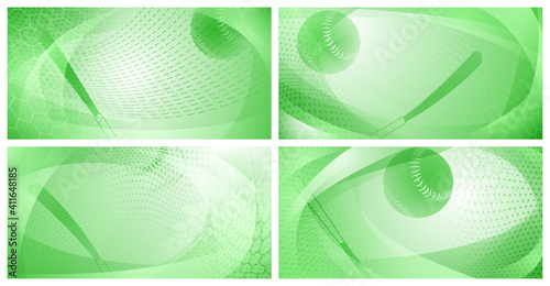 Set of four backgrounds with baseball bat and ball in light green colors