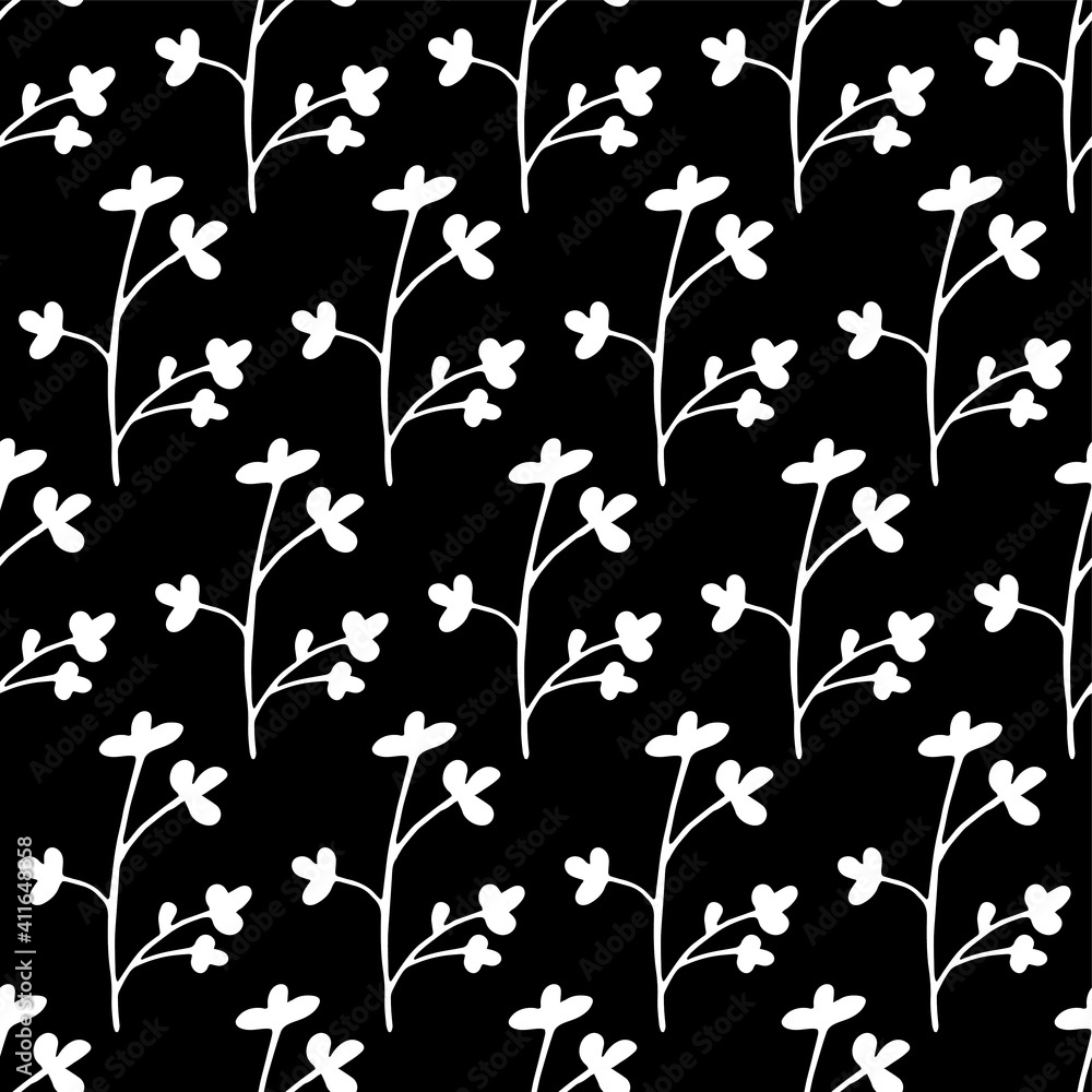 Hand drawn seamless pattern of elements. Floral background for concept design, wedding invitation, t-shirt, notebooks, textile, hipster pattern. White flowers at black background.