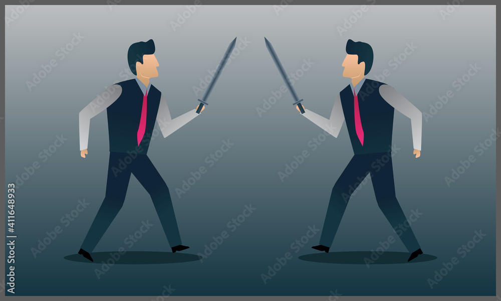 Vector illustration of two business men fighting with swords on a gray background Vector illustration of two business men fighting with swords on a gray background