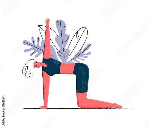 Vector isolated illustration with woman s pose from pilates exercise. Concept of healthy lifestyle, active recreation.