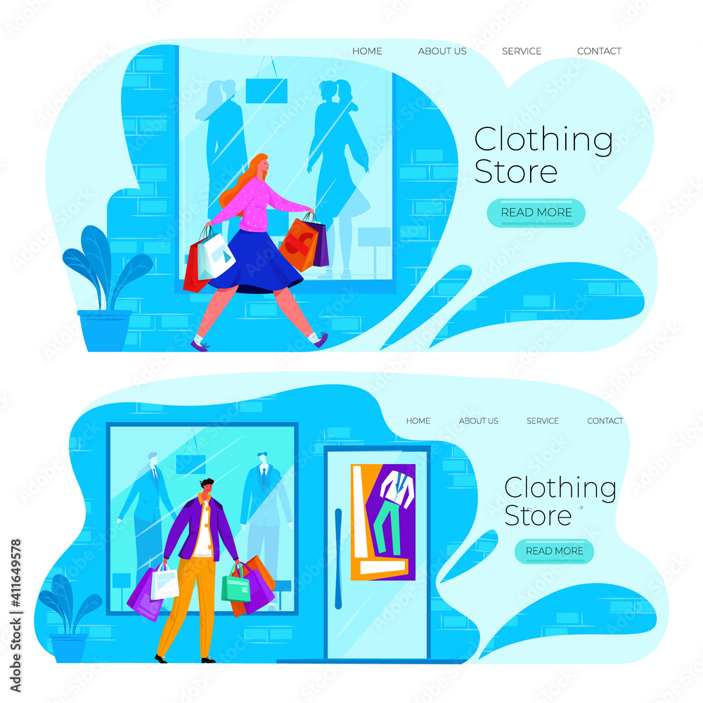 Vector illustration with set home page layouts of web design in concept of selling men s and women s clothing.