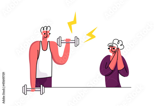 Vector isolated illustration strong man doing exercises with dumbbells and woman admiring him. Concept healthy lifestyle, fitness, strength sports.