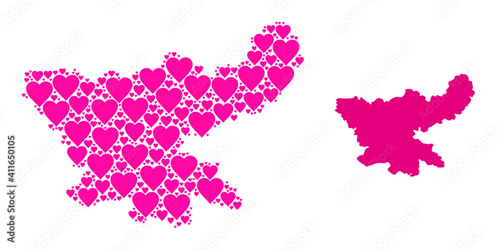 Love mosaic and solid map of Jharkhand State. Mosaic map of Jharkhand State designed with pink love hearts. Vector flat illustration for dating abstract illustrations.