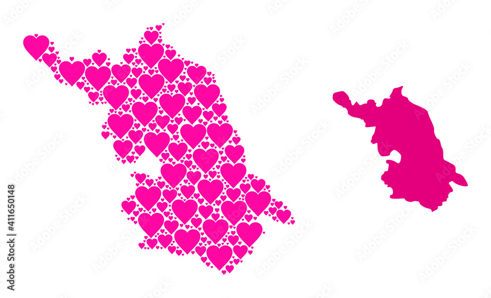 Obraz premium Love mosaic and solid Map of Jiangsu Province. Mosaic Map of Jiangsu Province is formed with pink lovely hearts. Vector flat illustration for love abstract illustrations.