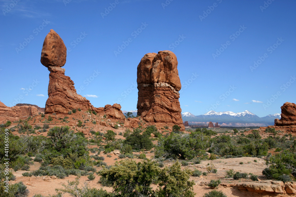 Balanced Rock, in Arches National Park, Utah, USA, is one of the most ...
