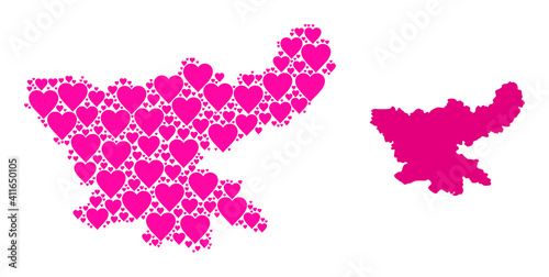 Love mosaic and solid map of Jharkhand State. Mosaic map of Jharkhand State designed with pink love hearts. Vector flat illustration for dating abstract illustrations.