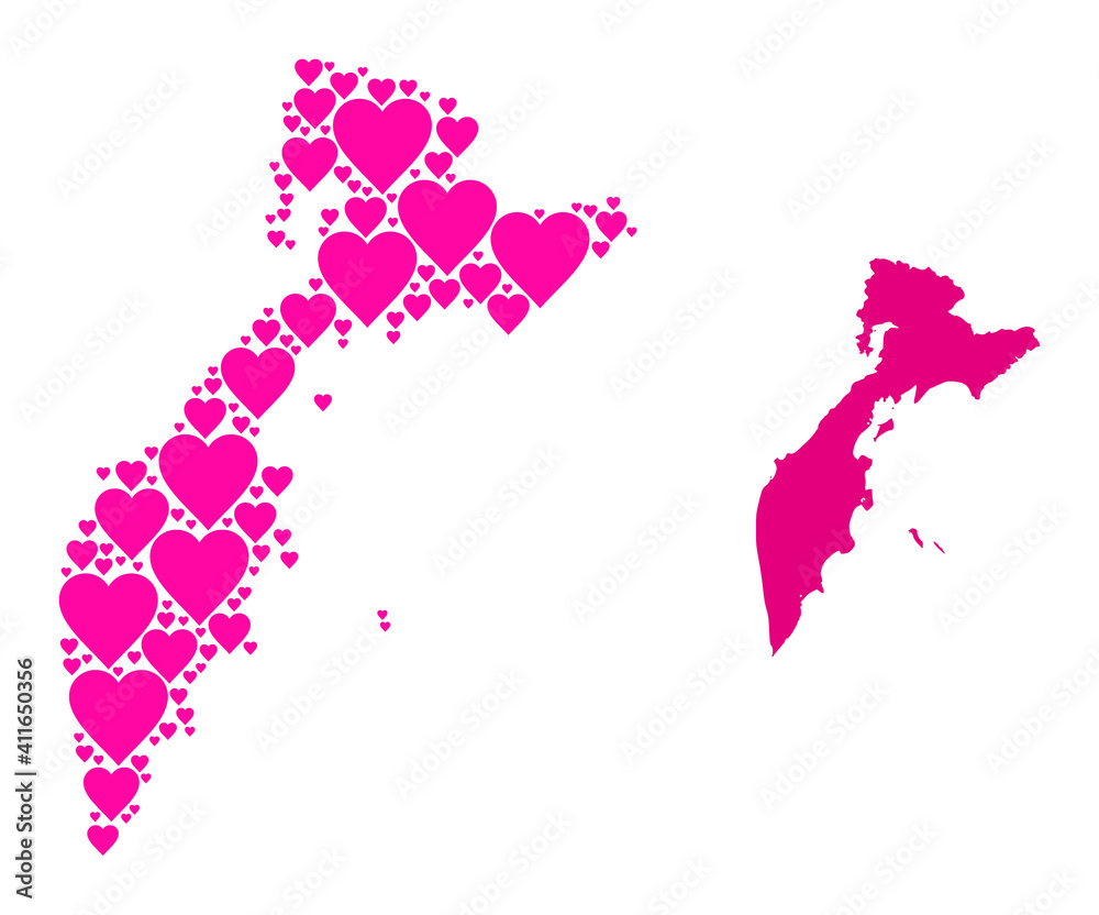 Love mosaic and solid map of Kamchatka Peninsula. Mosaic map of Kamchatka Peninsula is formed with pink love hearts. Vector flat illustration for dating abstract illustrations.