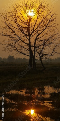 Beautiful Light of Sunrise ,reflection and silhouette in the morning