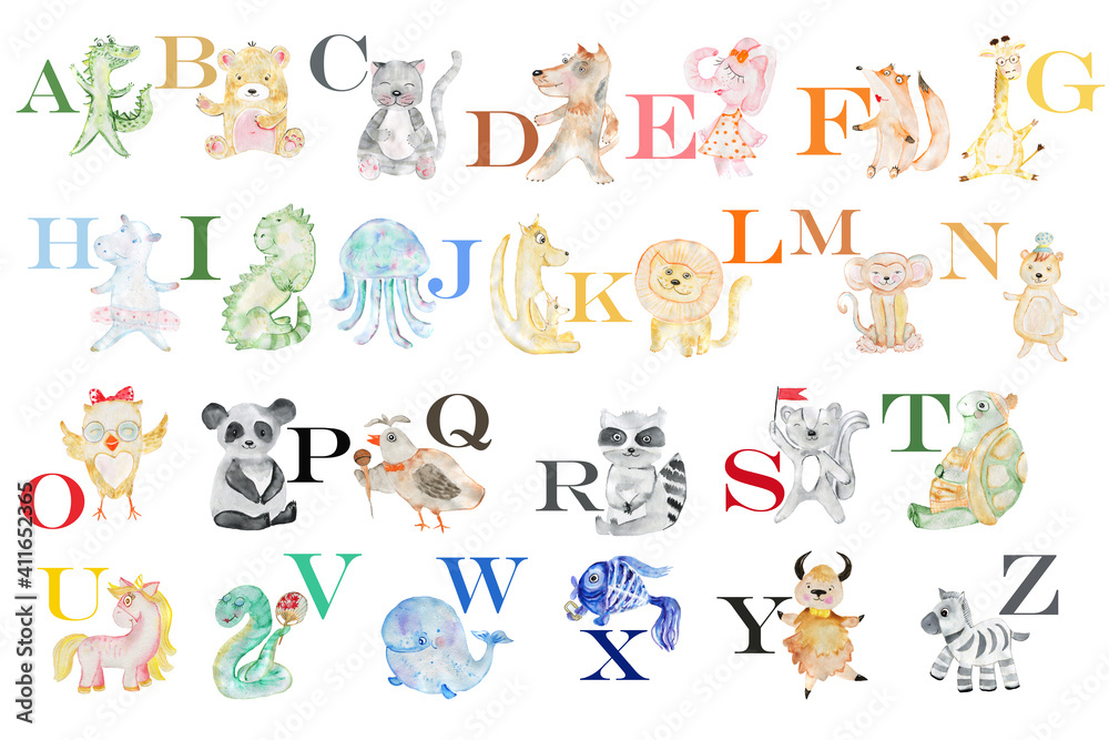 English alphabet with watercolor animals. Children's illustration.