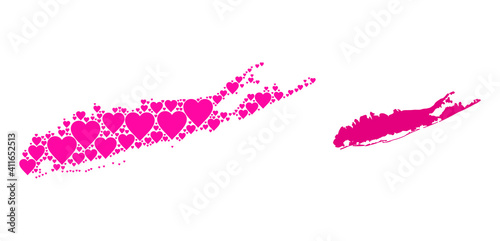 Love mosaic and solid map of Long Island. Mosaic map of Long Island is created with pink love hearts. Vector flat illustration for dating conceptual illustrations.