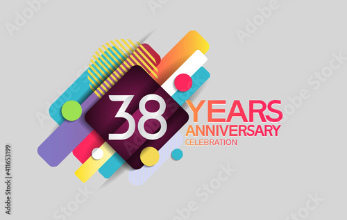 38 years anniversary colorful design with circle and square composition isolated on white background can be use for party, greeting card, invitation and celebration event