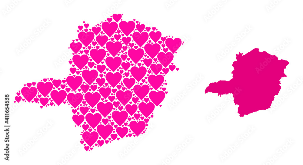 Love collage and solid map of Minas Gerais State. Collage map of Minas Gerais State is created with pink lovely hearts. Vector flat illustration for love conceptual illustrations.