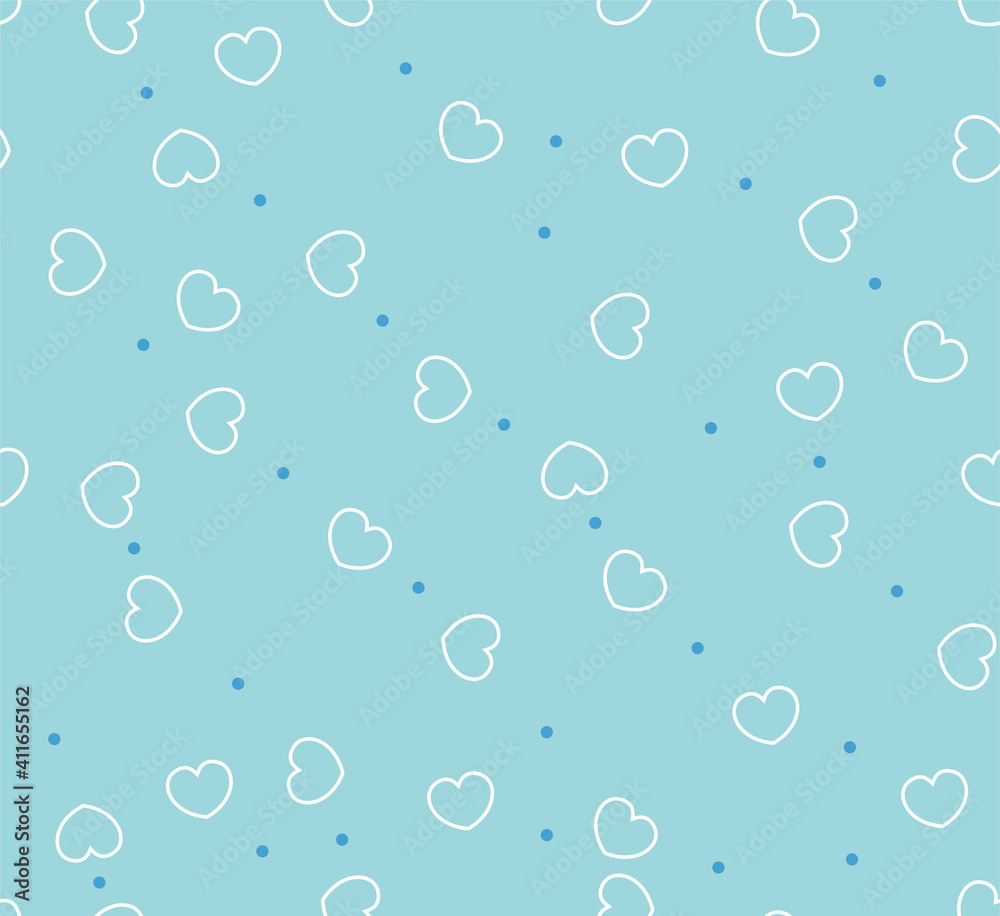 Endless seamless pattern of hearts of different directions. White contour vector hearts and blue dots on turquoise. Wallpaper for wrapping paper. Background for Valentine's Day