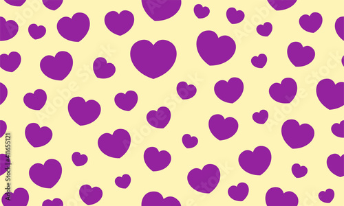Endless seamless pattern of hearts of different sizes. Purple vector hearts on yellow. Wallpaper for wrapping paper