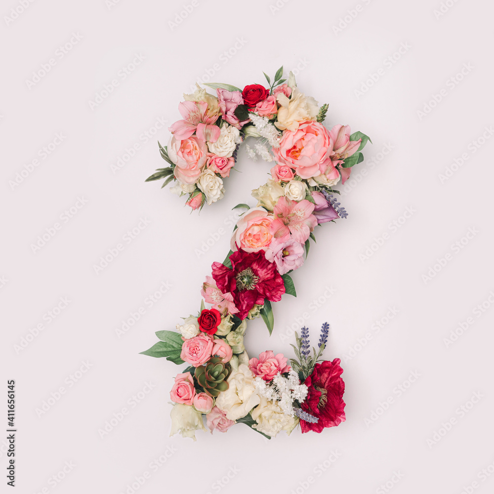 Fototapeta Number 2 made of real natural flowers and leaves. Flower font concept. Unique collection of letters and numbers. Spring, summer and valentines creative idea.