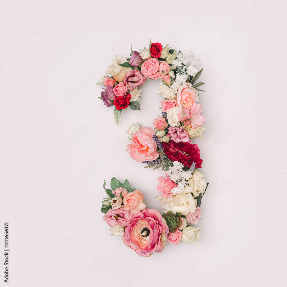 Number 3 made of real natural flowers and leaves. Flower font concept. Unique collection of letters and numbers. Spring, summer and valentines creative idea.
