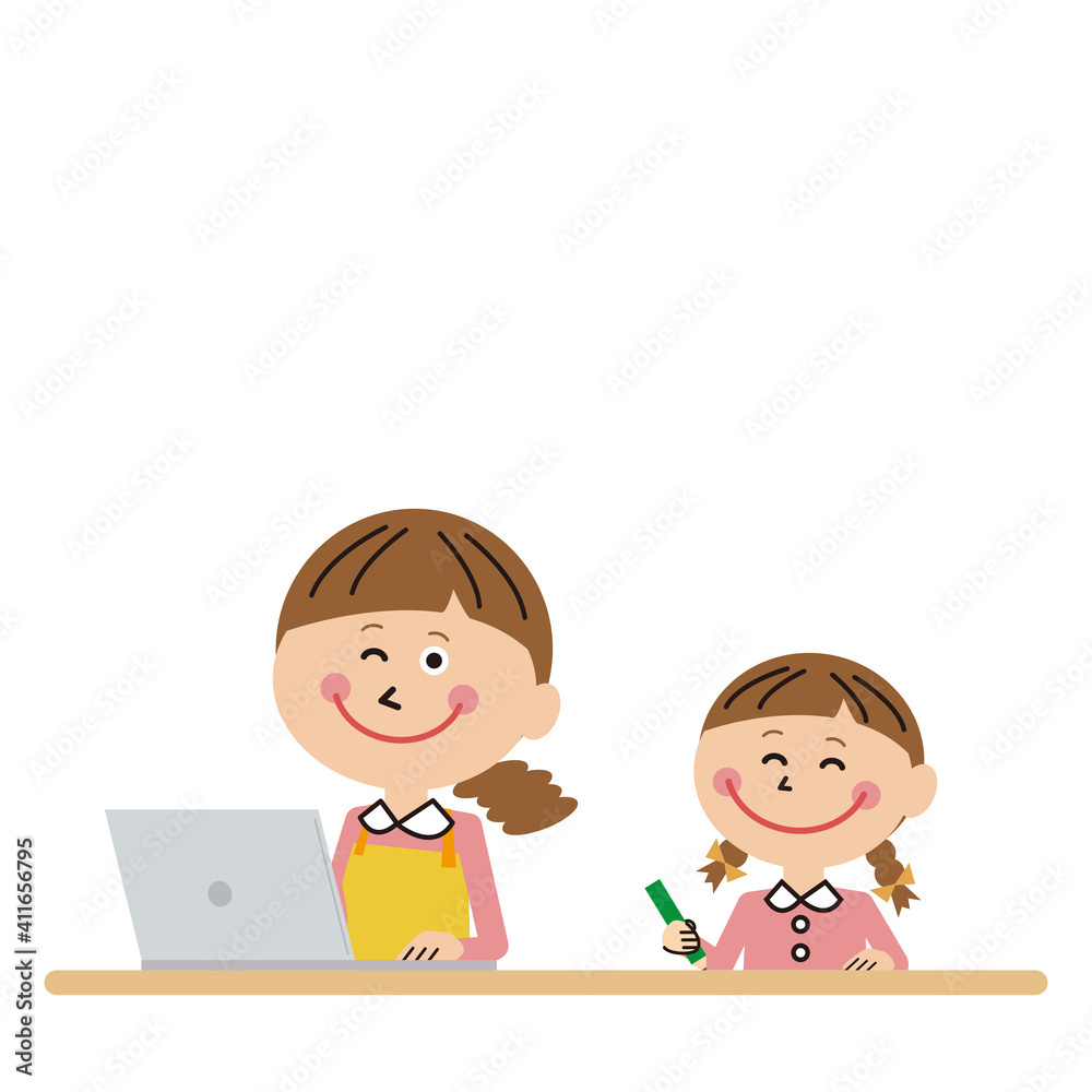 ポップな家族 ママPC 自宅作業の横でお勉強する女の子 ポップな家族 ママPC 自宅作業の横でお勉強する女の子