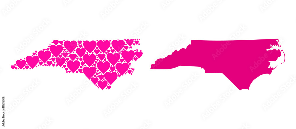 Love collage and solid map of North Carolina State. Collage map of North Carolina State is created with pink love hearts. Vector flat illustration for dating abstract illustrations.