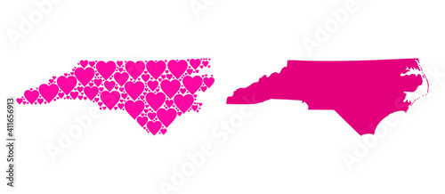 Love collage and solid map of North Carolina State. Collage map of North Carolina State is created with pink love hearts. Vector flat illustration for dating abstract illustrations.