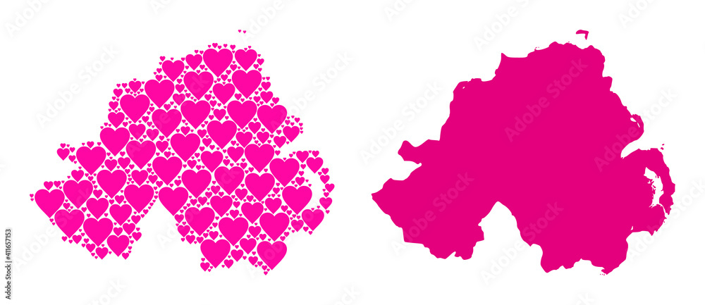 Love collage and solid map of Northern Ireland. Collage map of Northern Ireland formed from pink love hearts. Vector flat illustration for love concept illustrations.