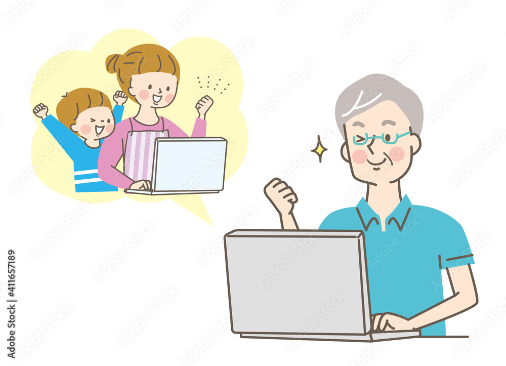 パソコンでオンライン帰省するシニア男性と娘と孫 パソコンでオンライン帰省するシニア男性と娘と孫