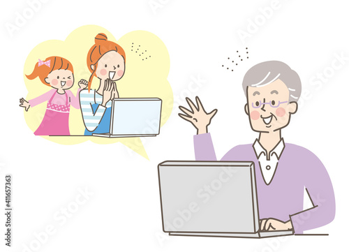 パソコンでオンライン帰省するシニア男性と娘と孫