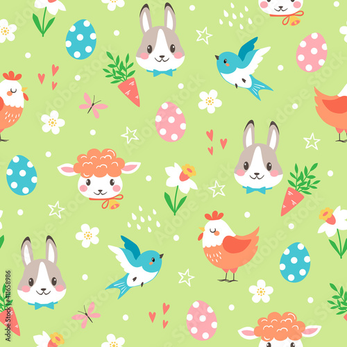 Vector seamless pattern of cute cartoon Easter bunny, chicken, eggs and lamb with spring floral elements on green background