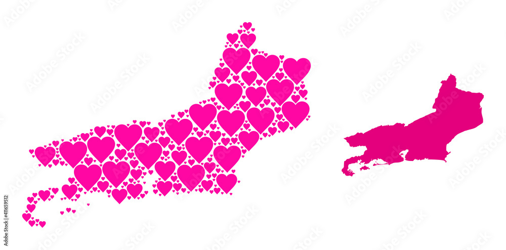 Love pattern and solid map of Rio de Janeiro State. Collage map of Rio de Janeiro State designed from pink love hearts. Vector flat illustration for dating conceptual illustrations.