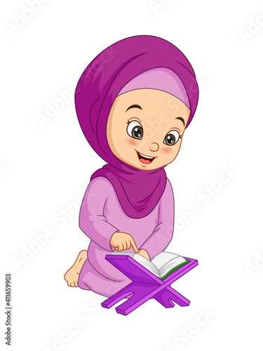 Cartoon Muslim girl reading Quran