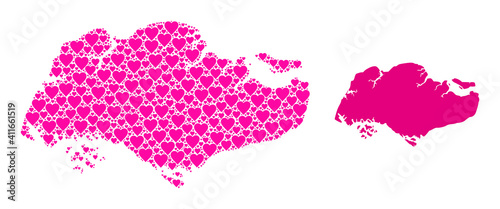 Love collage and solid map of Singapore. Collage map of Singapore is designed with pink love hearts. Vector flat illustration for marriage abstract illustrations.