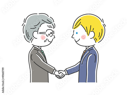 握手をする日本人と白人のビジネスマンのイラスト