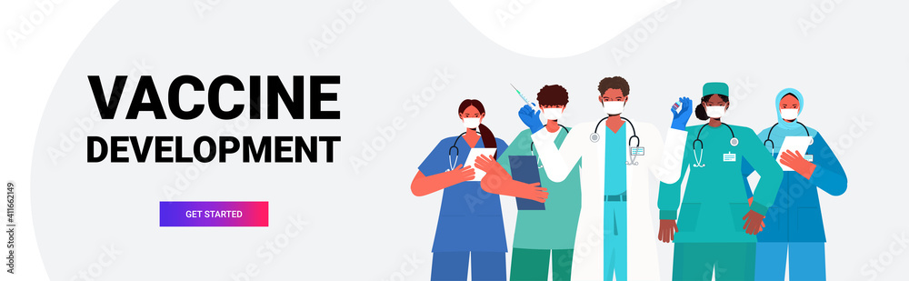 doctors team in medical masks holding syringe and bottle vial coronavirus vaccine development medical immunization campaign concept horizontal portrait vector illustration doctors team in medical masks holding syringe and bottle vial coronavirus vaccine development medical immunization campaign concept horizontal portrait vector illustration