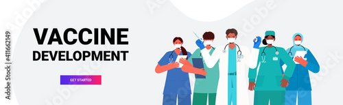 doctors team in medical masks holding syringe and bottle vial coronavirus vaccine development medical immunization campaign concept horizontal portrait vector illustration
