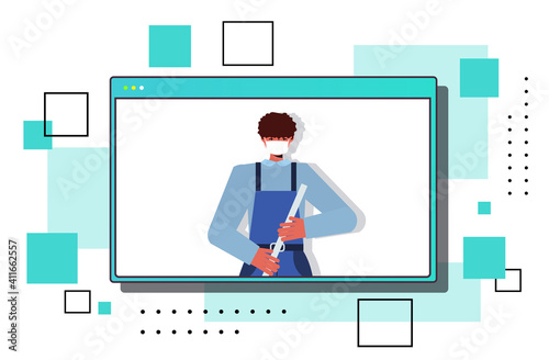 male cleaner using mop janitor wearing mask to prevent coronavirus pandemic self isolation online communication concept web browser window horizontal portrait vector illustration