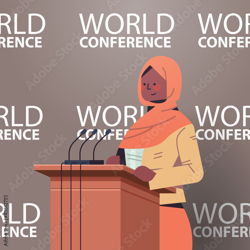 black muslim female doctor giving speech at tribune with microphone medical world conference medicine healthcare concept portrait vector illustration