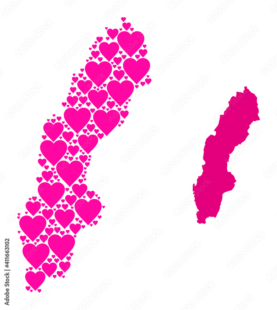 Love collage and solid map of Sweden. Collage map of Sweden is designed from pink love hearts. Vector flat illustration for dating abstract illustrations.